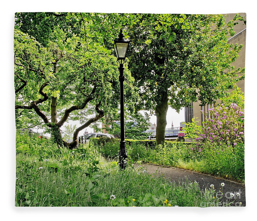 Lamppost Fleece Blanket featuring the photograph Among trees and bushes. by Elena Perelman
