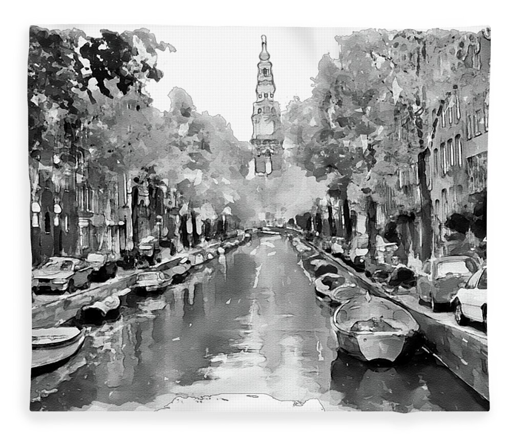 Marian Voicu Fleece Blanket featuring the painting Black and White Watercolor Painting - Groenburgwal - Amsterdam Canal by Marian Voicu