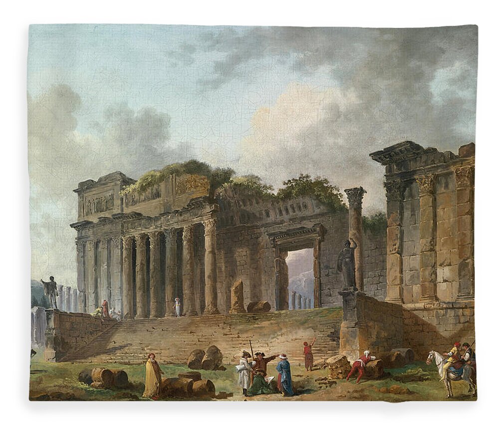 Hubert Robert Fleece Blanket featuring the painting An Architectural Capriccio with an Artist Sketching in the Foreground by Hubert Robert