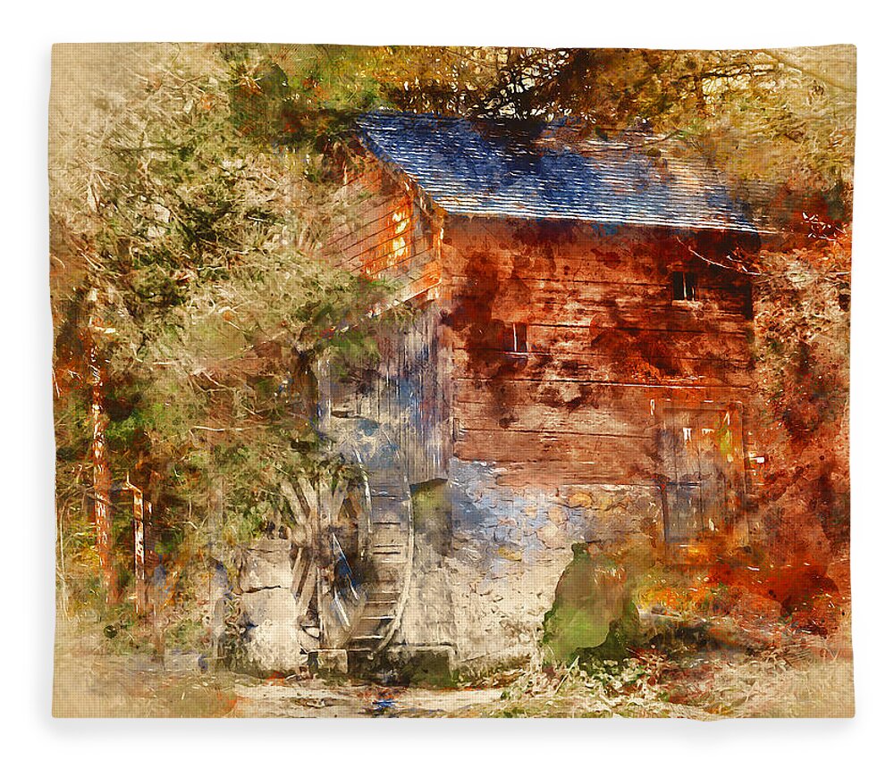 Mill Fleece Blanket featuring the painting An old watermill - 12 by AM FineArtPrints
