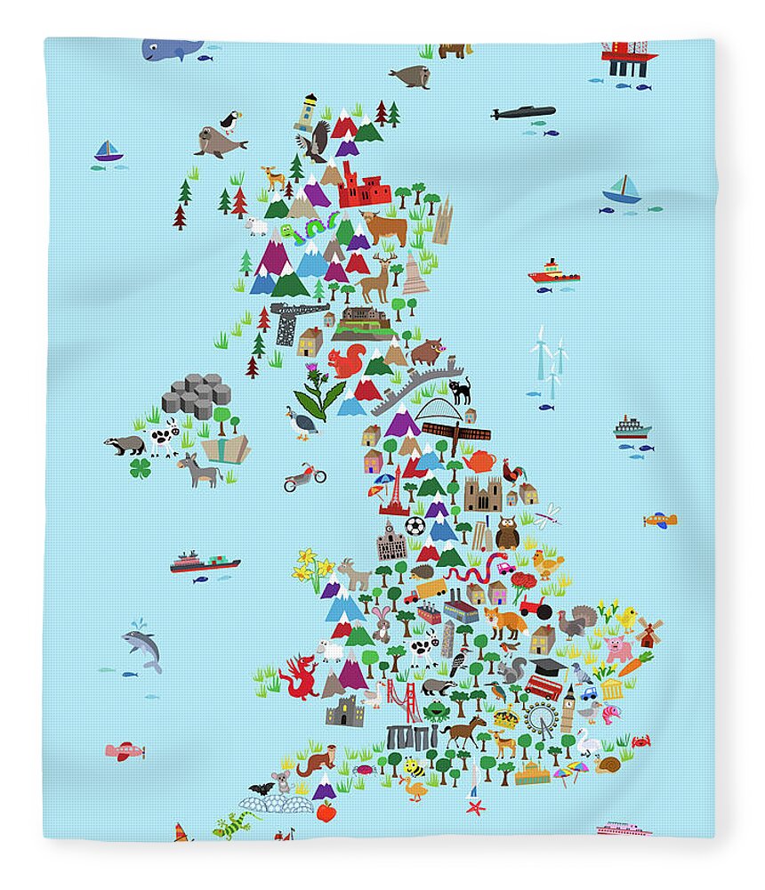 Great Britain Map Fleece Blanket featuring the digital art Animal Map of Great Britain and NI for children and kids by Michael Tompsett