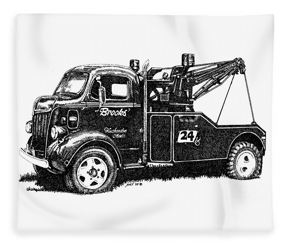 Vehicle Fleece Blanket featuring the drawing Antique Tow Truck by Sheryl Unwin
