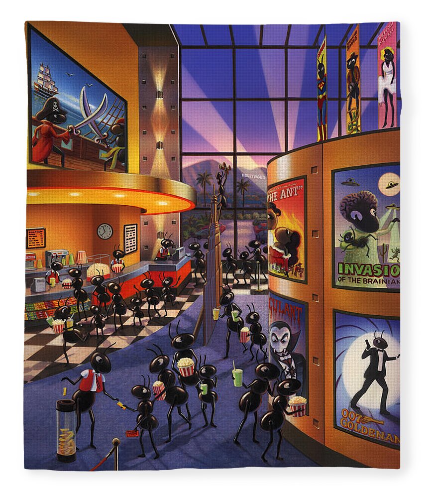 Ants. Ant Farm Characters Fleece Blanket featuring the painting Ants at the Movie Theatre by Robin Moline