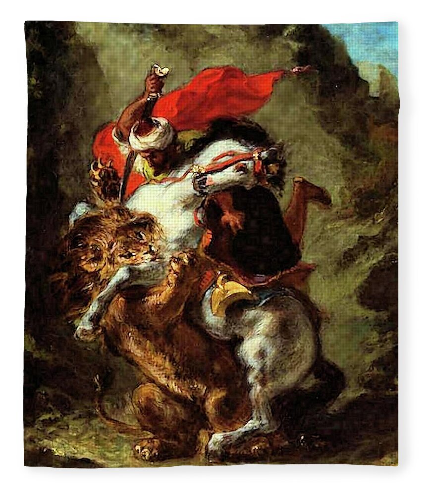 Arab Fleece Blanket featuring the painting Arab Horseman Attacked by a Lion by Eugene Delacroix