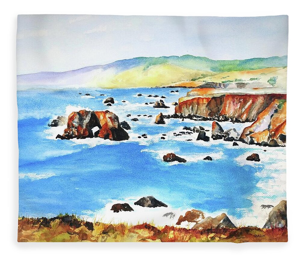 Ocean Fleece Blanket featuring the painting Arched Rock Sonoma Coast California by Carlin Blahnik CarlinArtWatercolor
