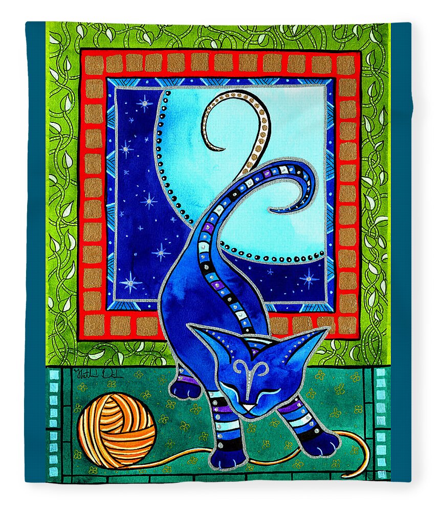 Cat Fleece Blanket featuring the painting Aries Cat Zodiac by Dora Hathazi Mendes