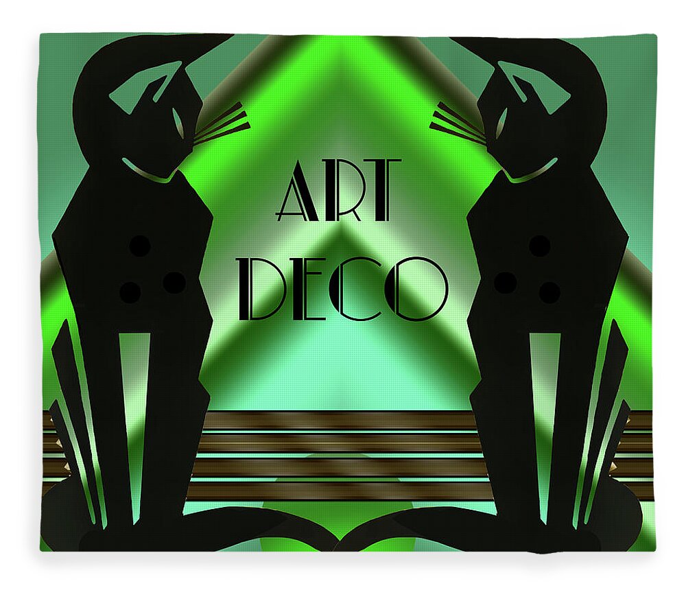 Art Deco Fleece Blanket featuring the digital art Art Deco Cats - Emerald by Chuck Staley
