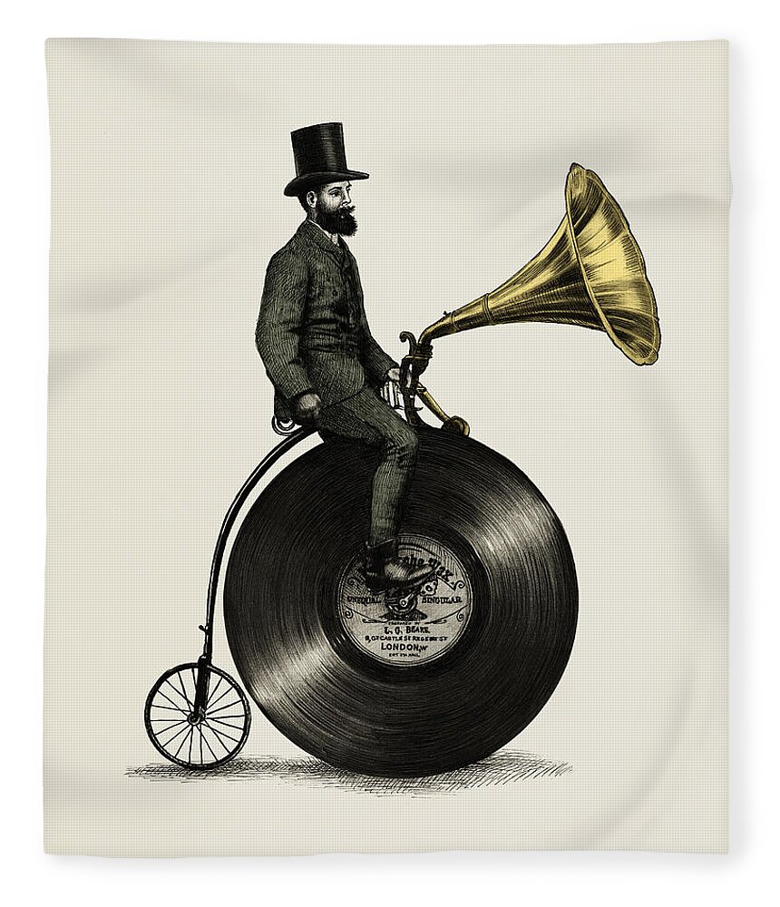 Music Vintage Vinyl Record Victorian Top Hat Gramophone Victrola Nostalgic Cycling Penny Farthing Moustache Fleece Blanket featuring the drawing Music Man by Eric Fan