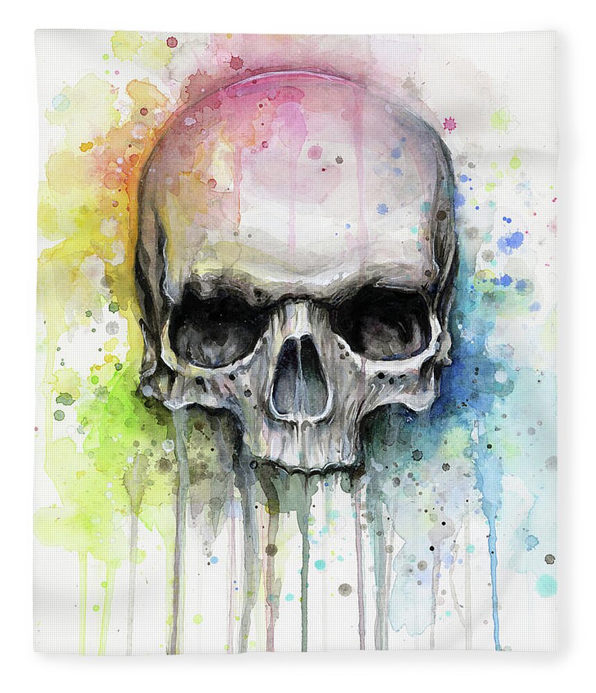 Skull Fleece Blanket featuring the painting Skull Watercolor Painting by Olga Shvartsur
