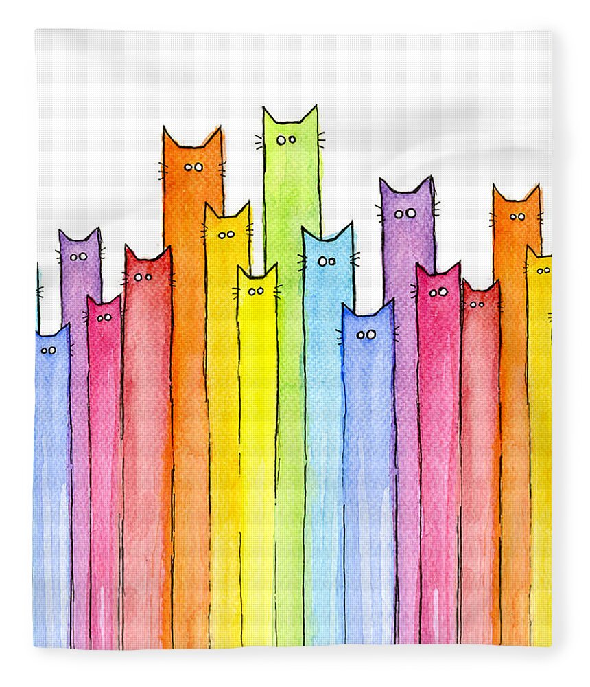 Cats Fleece Blanket featuring the painting Cat Rainbow Watercolor Pattern by Olga Shvartsur