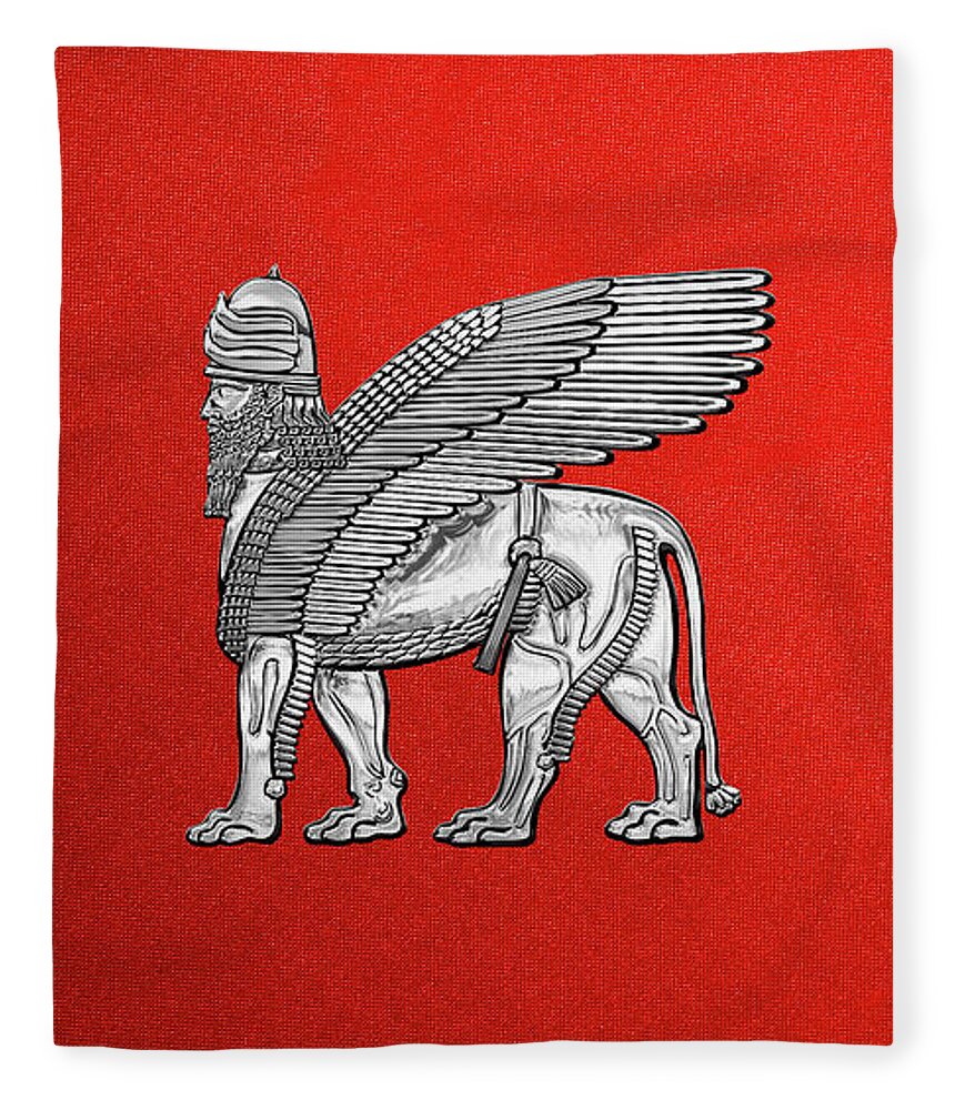 ‘treasures Of Mesopotamia’ Collection By Serge Averbukh Fleece Blanket featuring the digital art Assyrian Winged Lion - Silver Lamassu over Red Canvas by Serge Averbukh