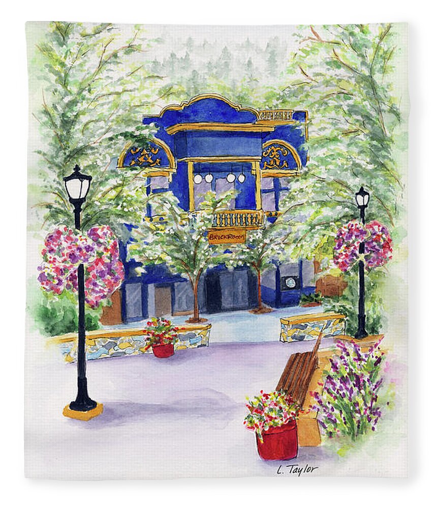 Small Town Fleece Blanket featuring the painting Brickroom on the Plaza by Lori Taylor