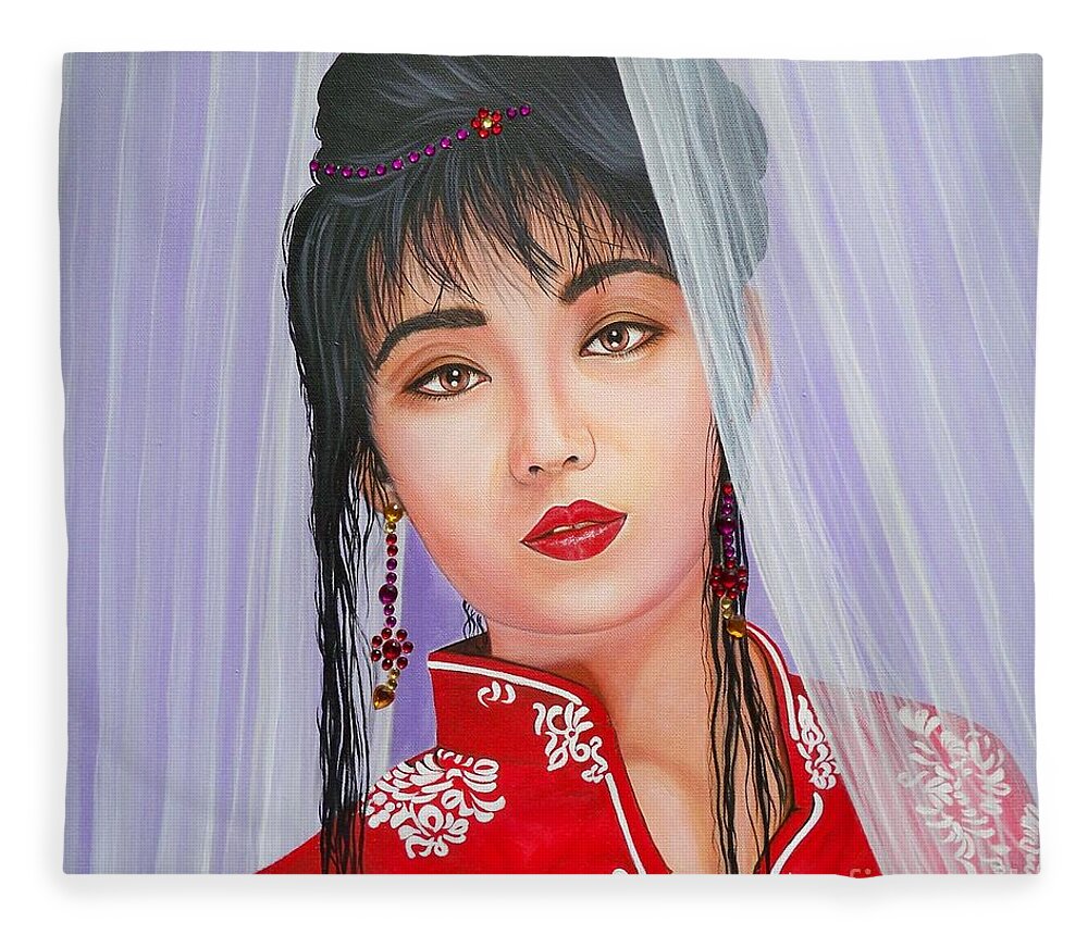 Asian Girl Fleece Blanket featuring the painting Amenable Japanese Girl.       from The Attitude Girls by Sigrid Tune