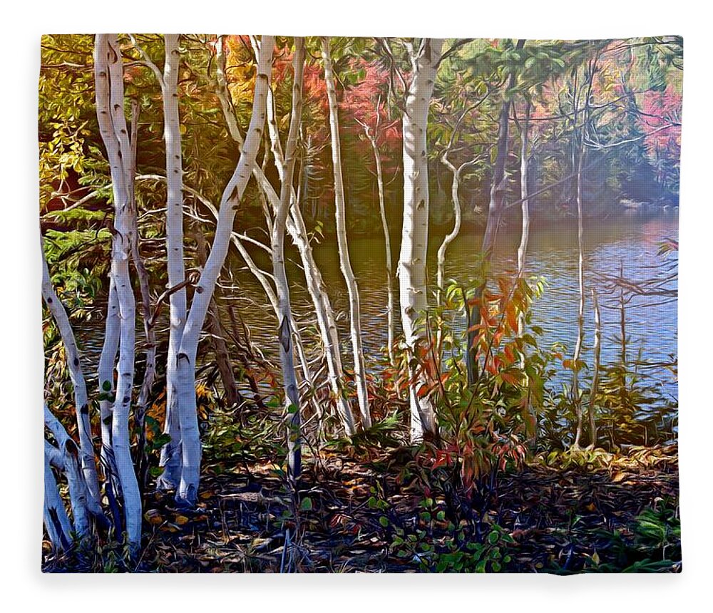 Trees Fleece Blanket featuring the mixed media Aspen trees in the fall by Tatiana Travelways