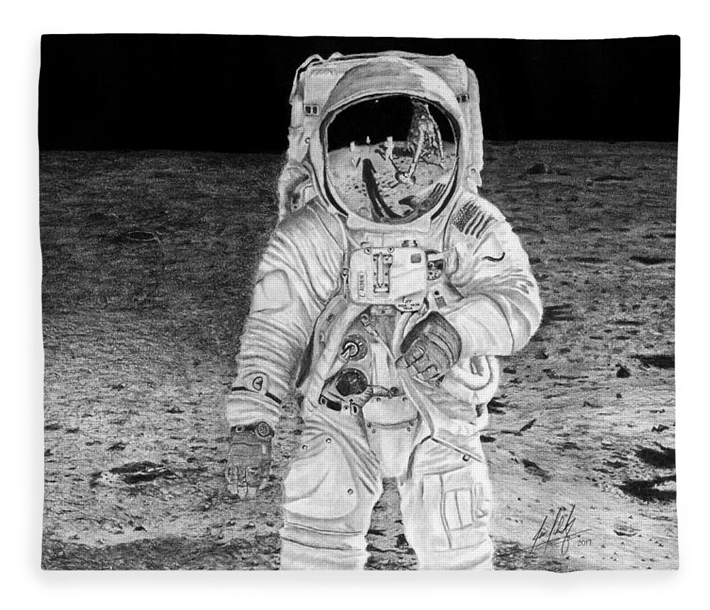 Eva Fleece Blanket featuring the drawing Astronaut Buzz Aldrin Moonwalk by James Schultz
