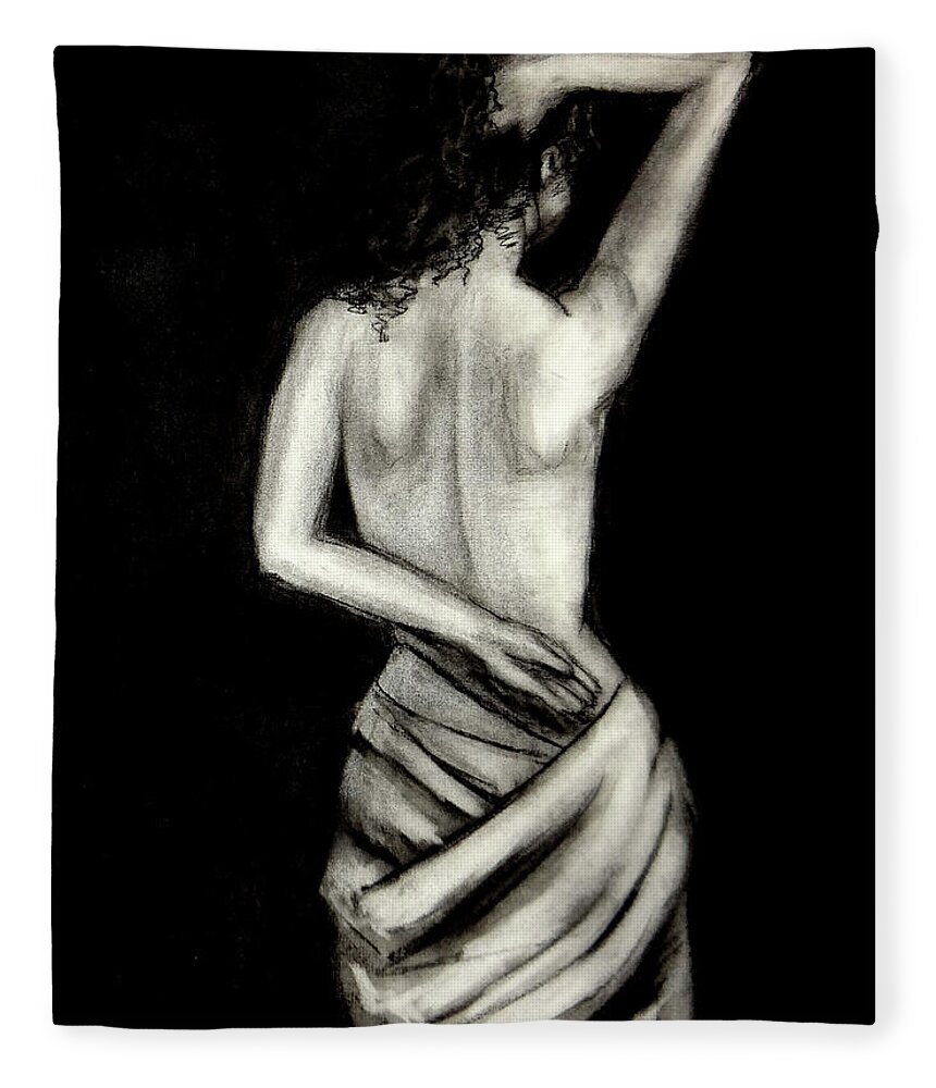 Nude Fleece Blanket featuring the drawing Athena Nude Woman Drawing by Katy Hawk