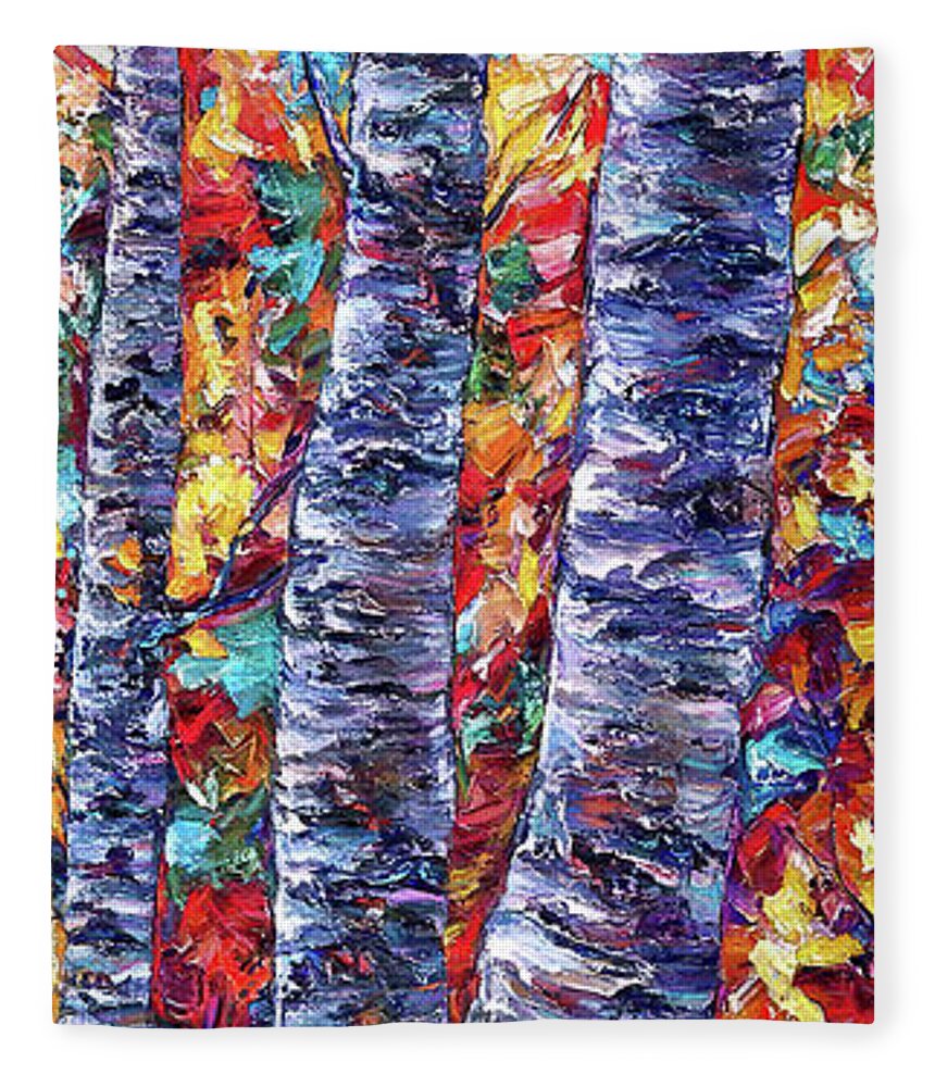  Fleece Blanket featuring the painting Autumn Aspen Trees Contemporary Painting by Lena Owens - OLena Art Vibrant Palette Knife and Graphic Design
