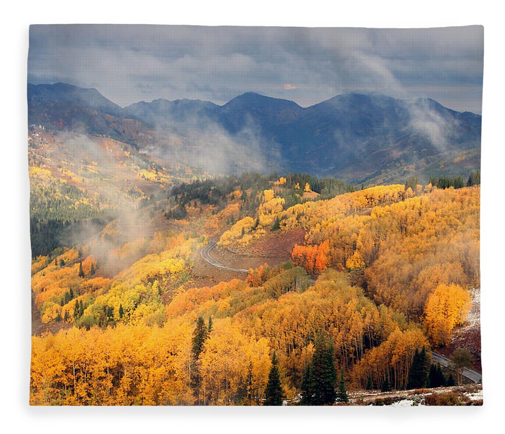 Landscape Fleece Blanket featuring the photograph Autumn Color and Fog by Brett Pelletier