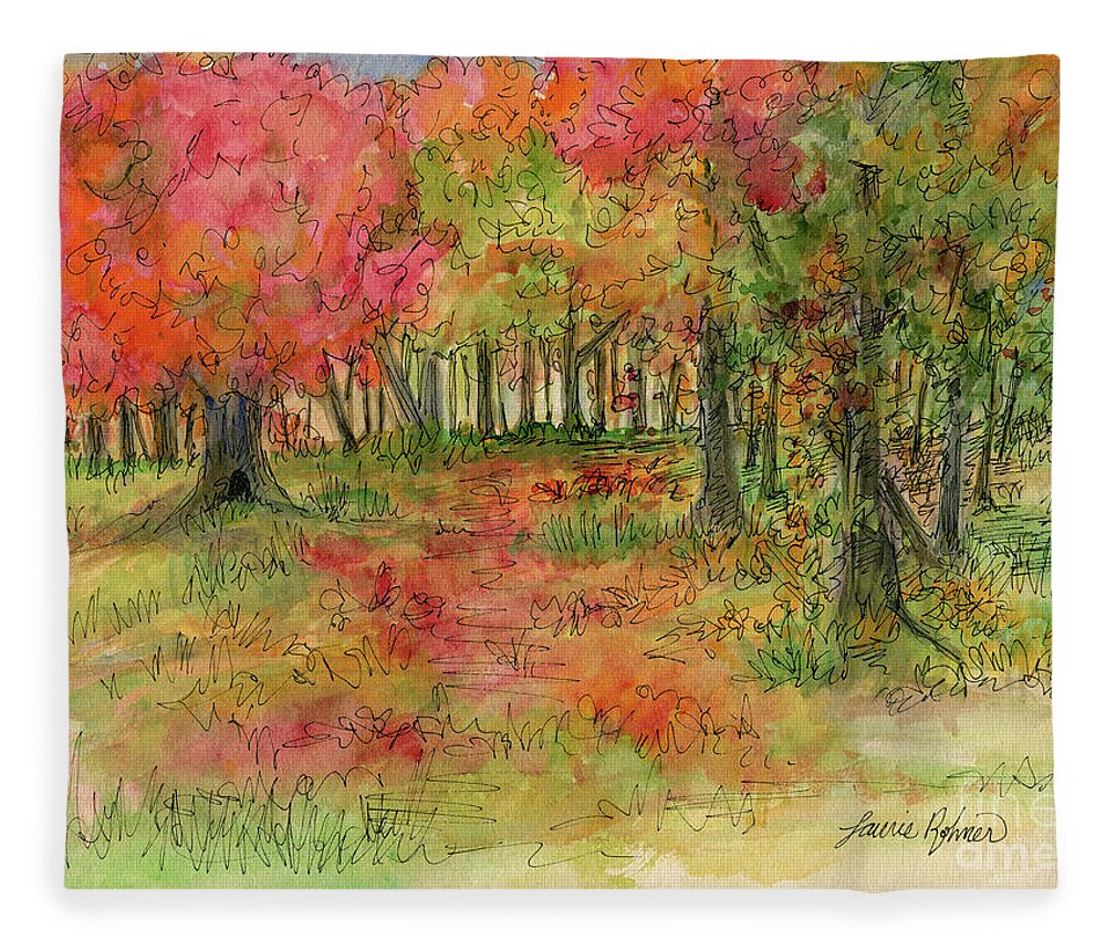 Watercolor Fleece Blanket featuring the drawing Autumn Forest Watercolor Illustration by Laurie Rohner