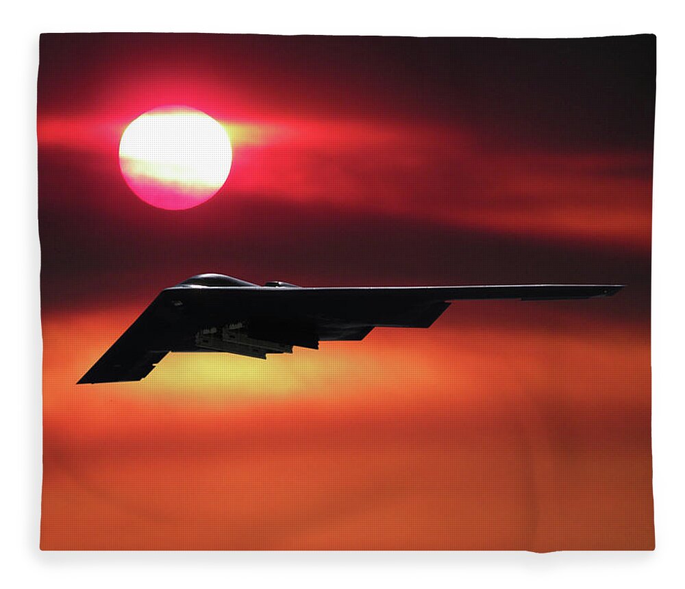 B-2 Stealth Bomber Fleece Blanket featuring the mixed media B-2 Stealth Bomber in the Sunset by Erik Simonsen