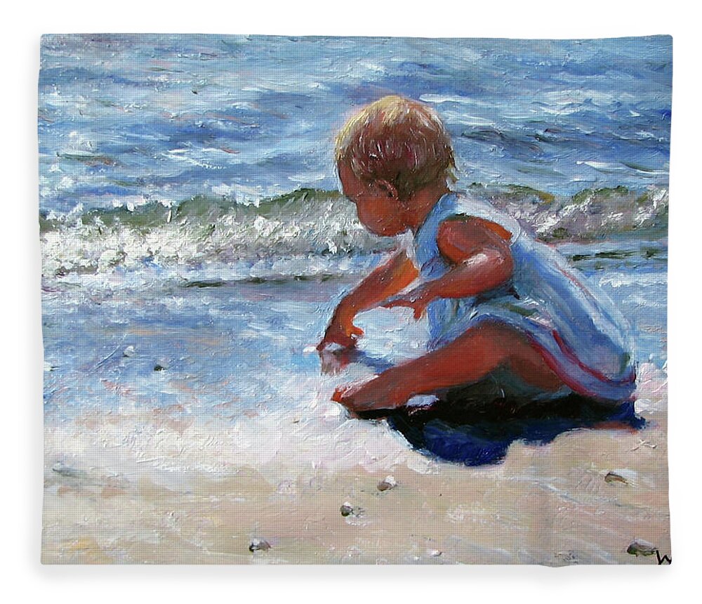 Babies Fleece Blanket featuring the painting Baby and the Beach by Marie Witte