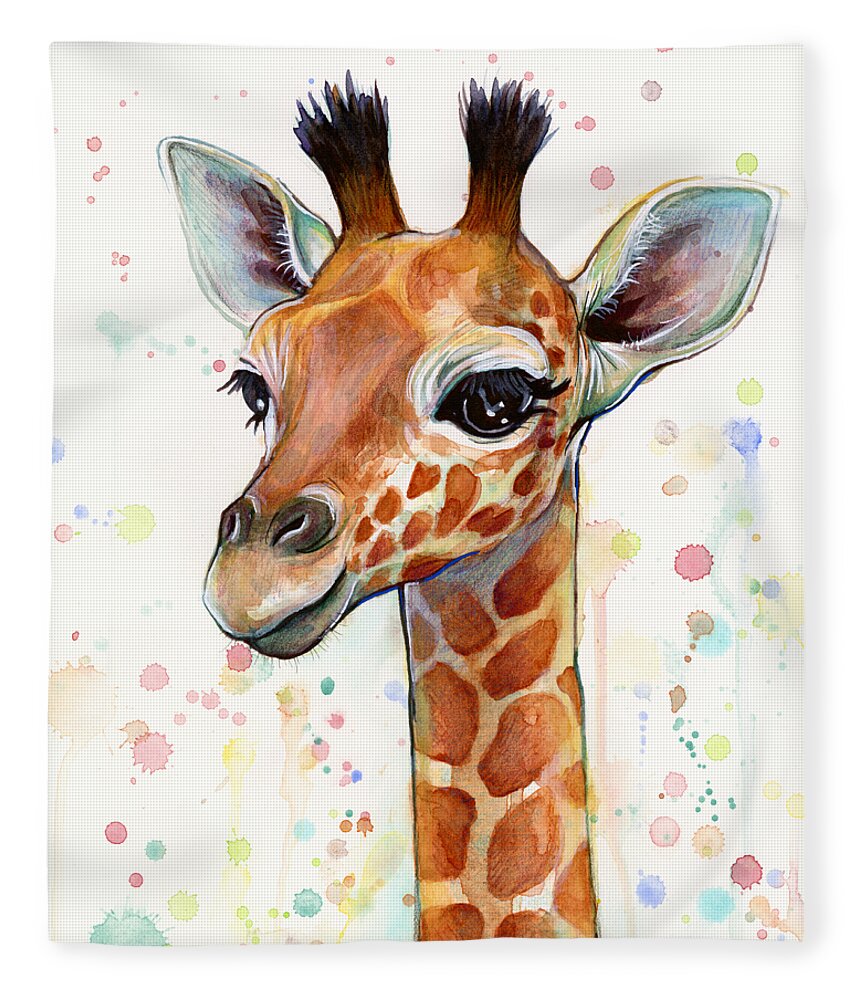 #faatoppicks Fleece Blanket featuring the painting Baby Giraffe Watercolor by Olga Shvartsur