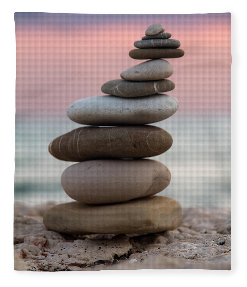 Arrangement Background Balance Beach Beauty Blue Building Color Colour Concept Concepts Construction Design Energy Group Heap Isolated Life Light Natural Nature Ocean Outdoor Pattern Peace Pebble Relax Rock Sand Scene Sea Shape Simplicity Sky Spa Space Stability Stack Stone Summer Sun Top Tower Tranquil Travel Vacation Water White Zen Fleece Blanket featuring the photograph Balance by Stelios Kleanthous