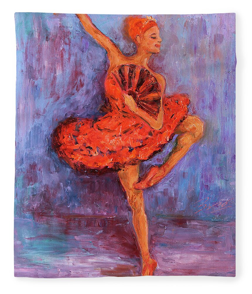 Figurative Fleece Blanket featuring the painting Ballerina Dancing with a Fan by Xueling Zou