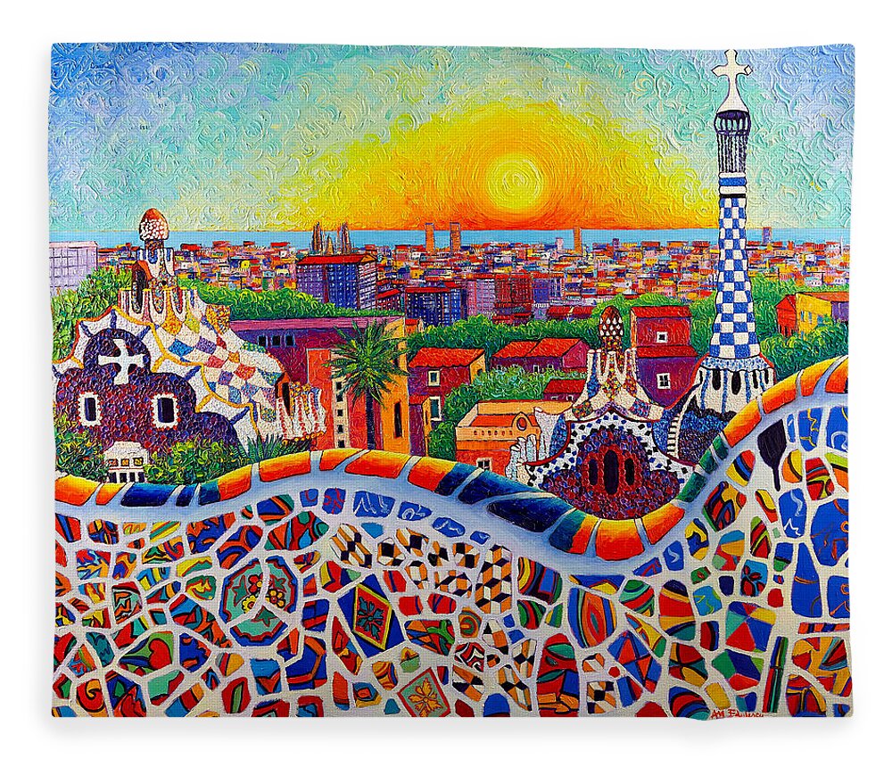 Barcelona Fleece Blanket featuring the painting BARCELONA SUNRISE COLORS FROM PARK GUELL modern impressionism knife oil painting Ana Maria Edulescu by Ana Maria Edulescu