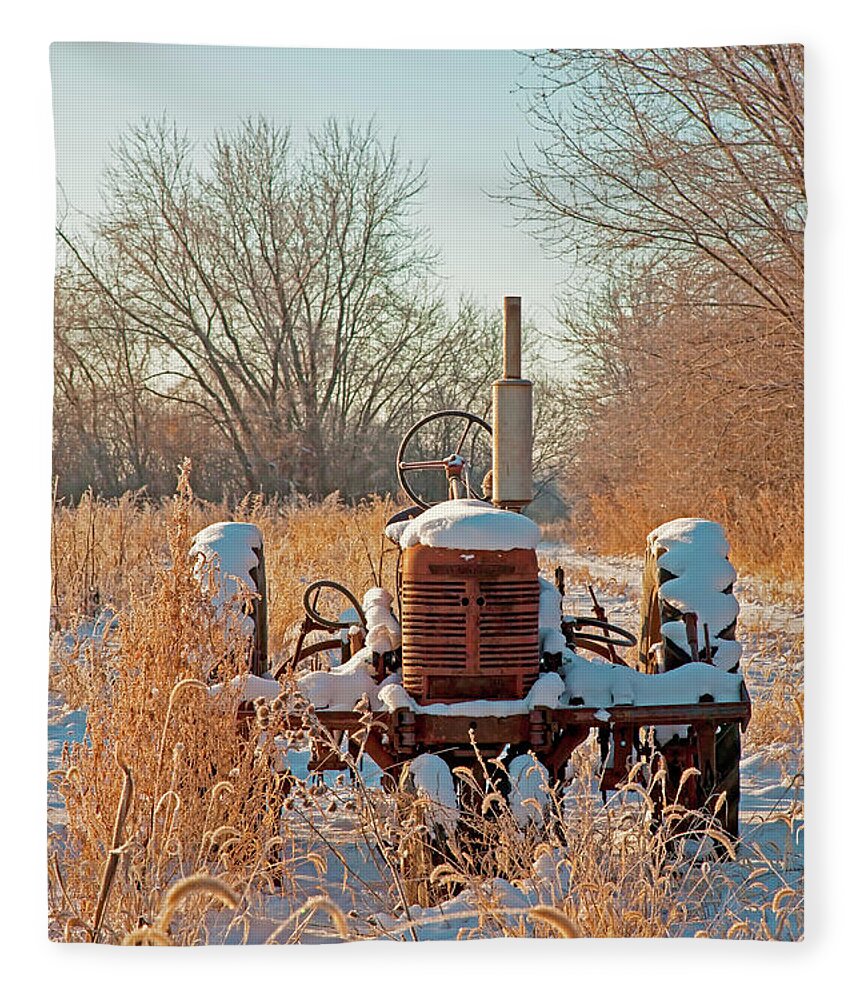  Farm Fleece Blanket featuring the photograph  Bard Road farm Il Tractor frosted field winter by Tom Jelen