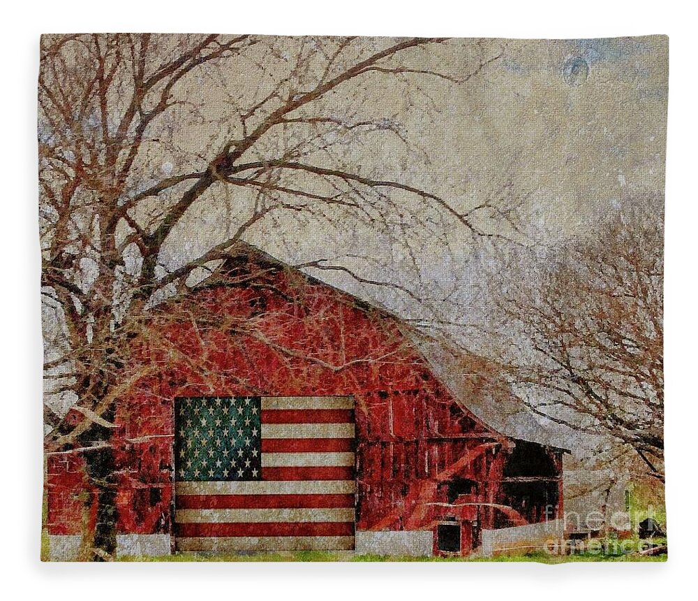 Barn Fleece Blanket featuring the photograph Barn with Flag in Winter by Janette Boyd