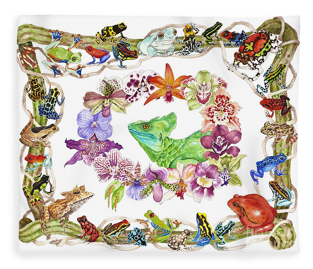 Frogs Fleece Blanket featuring the painting Basilisk, Orchids, Frogs by Lucy Arnold
