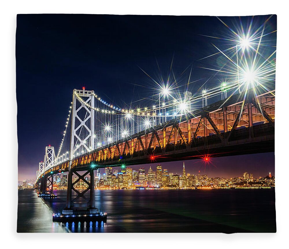 Bay Area Fleece Blanket featuring the photograph Bay Bridge and San Francisco By Night 5 by Jason Chu