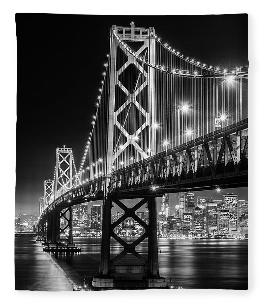 Bay Area Fleece Blanket featuring the photograph Bay Bridge and San Francisco By Night 9 Monochrome by Jason Chu