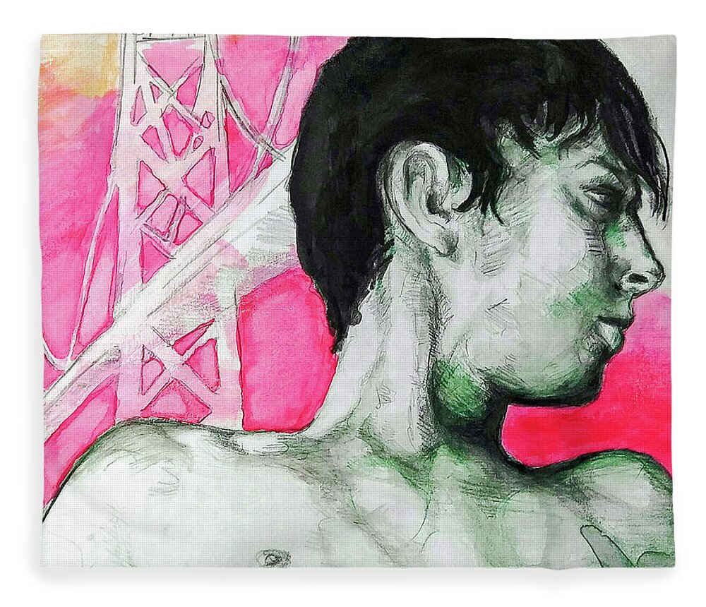 San Francisco Fleece Blanket featuring the painting Bay Bridge anf Figure In Red by Rene Capone