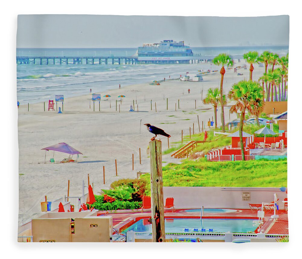 Beach Bird Fleece Blanket featuring the photograph Beach Bird on a Pole by Gina O'Brien