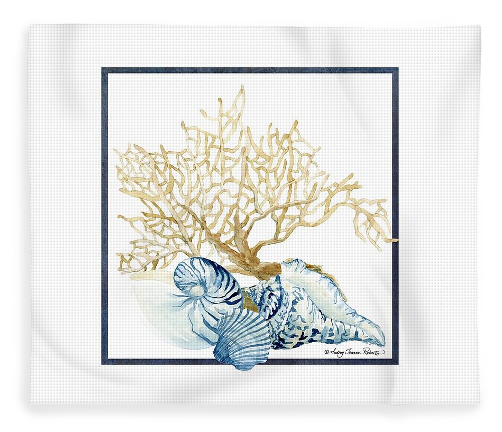 Sea Fleece Blanket featuring the painting Beach House Nautilus Scallop n Conch with Tan Fan Coral by Audrey Jeanne Roberts