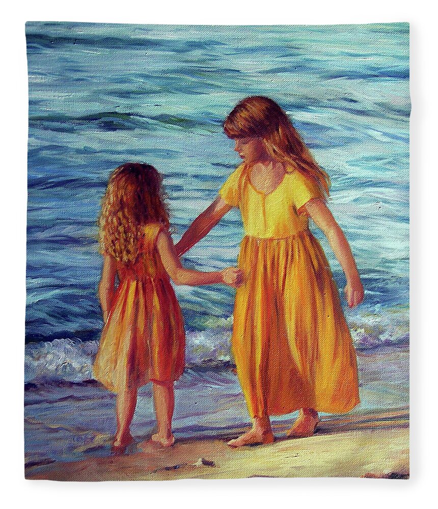 Two Sisters Fleece Blanket featuring the painting Beach Play by Marie Witte
