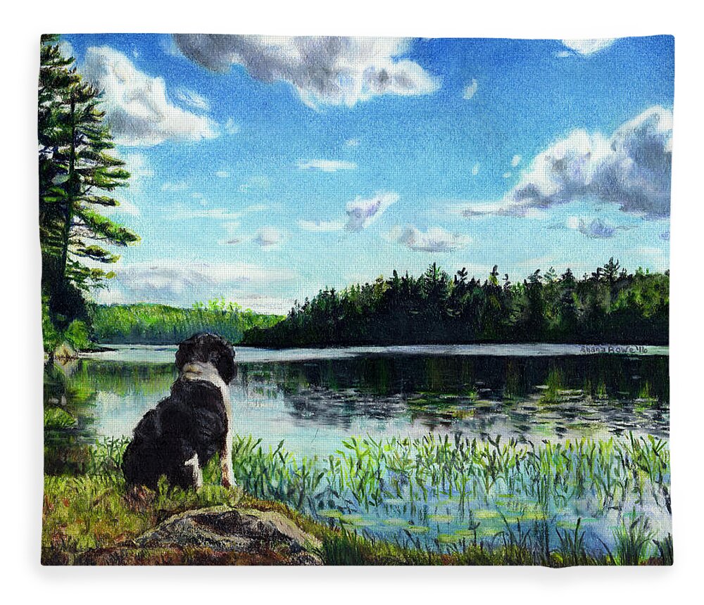 Spaniel Fleece Blanket featuring the drawing Beasley on Black Pond by Shana Rowe Jackson