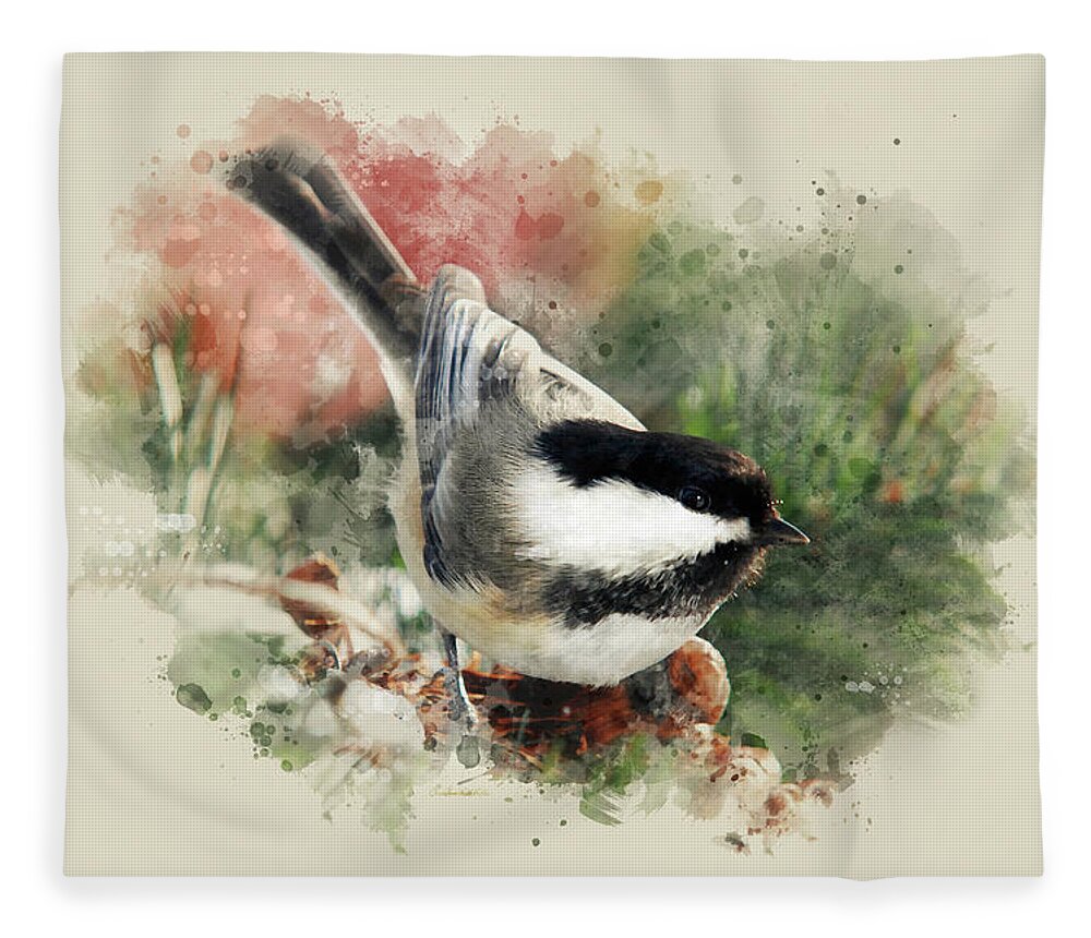 Chickadee Fleece Blanket featuring the mixed media Beautiful Chickadee - Watercolor Art by Christina Rollo