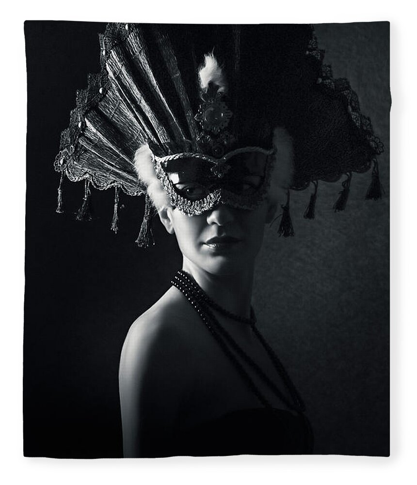 Fashion Fleece Blanket featuring the photograph Beautiful Girl With Venetian Carnival Mask in Black and White by Dimitar Hristov