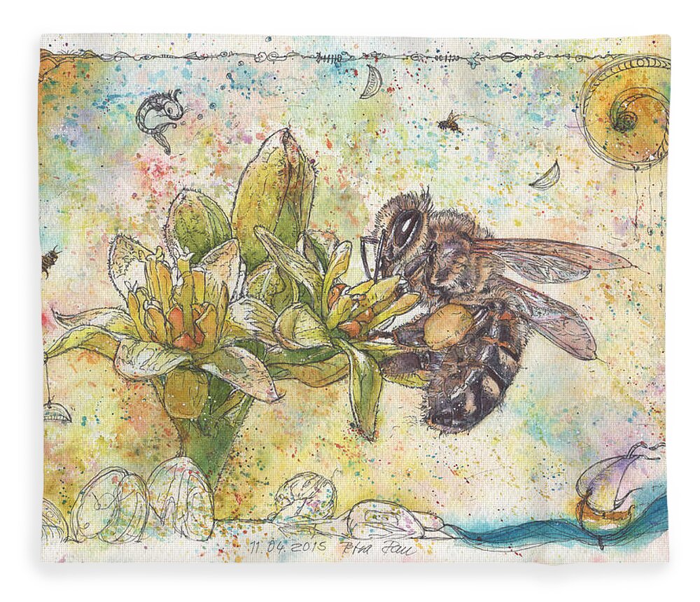 Bees Fleece Blanket featuring the painting Bee and Avocado Flowers by Petra Rau