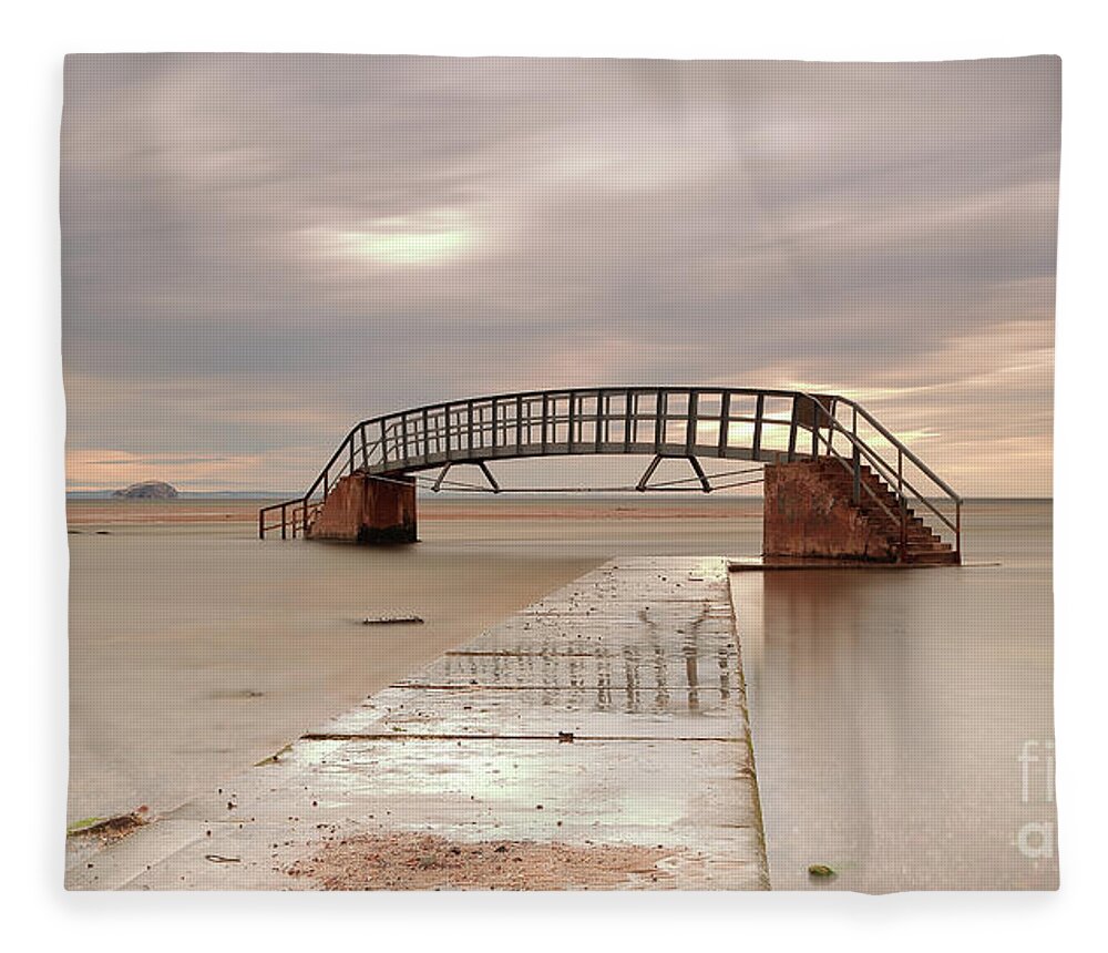 Bridge Fleece Blanket featuring the photograph Belhaven Stairs and The Bass at Low Tide by Maria Gaellman