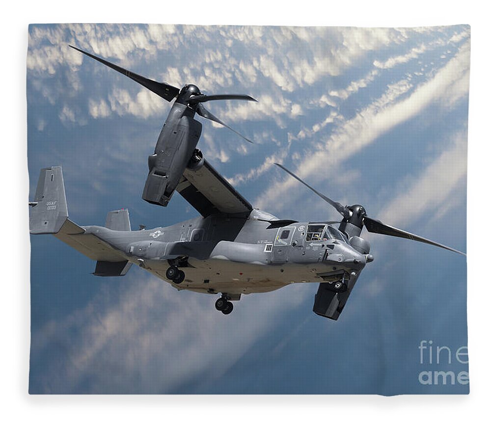 Osprey Fleece Blanket featuring the photograph Bell Boeing Osprey V-22 helicopter close up view flying by Simon Bratt