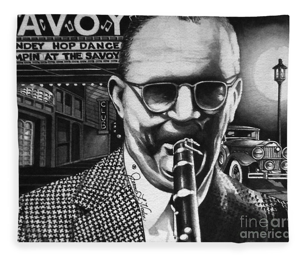 American Jazz Fleece Blanket featuring the painting Benny Goodman by JL Vaden