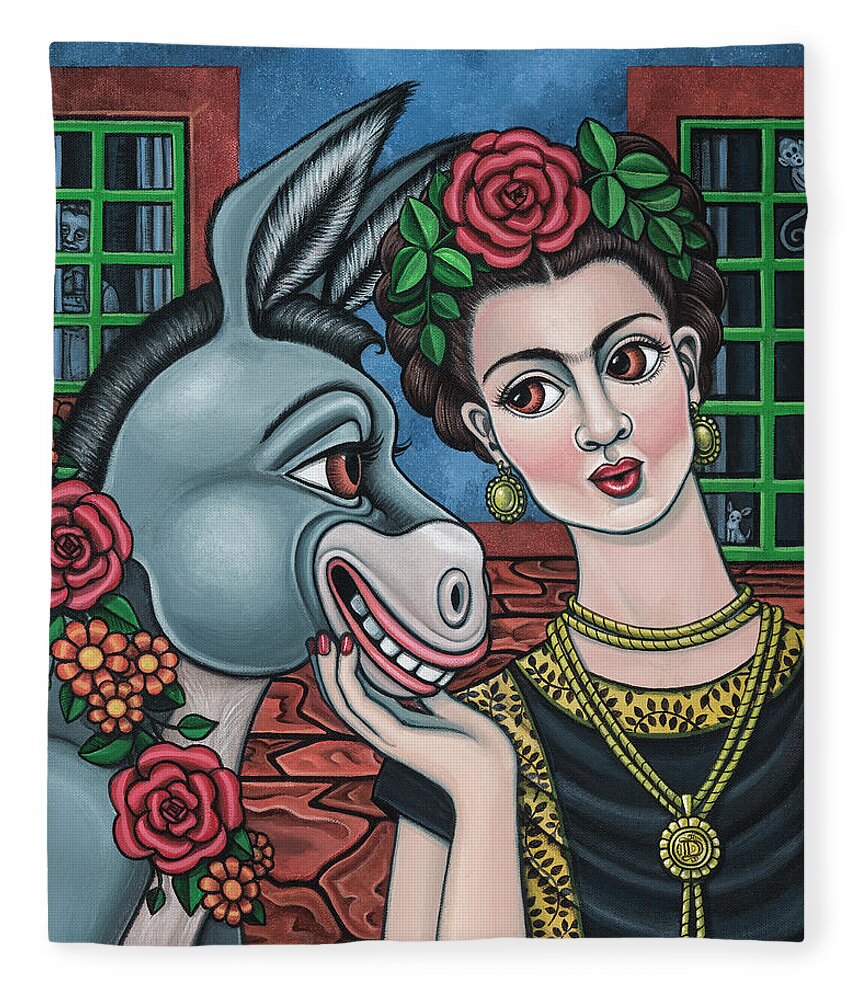 Hispanic Art Fleece Blanket featuring the painting Beso or Fridas Kisses by Victoria De Almeida