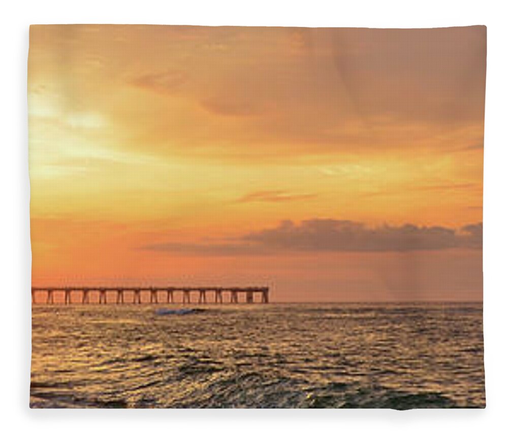 17 March 2013 Fleece Blanket featuring the photograph Best Sunrise Colors over Navarre Pier Panoramic by Jeff at JSJ Photography