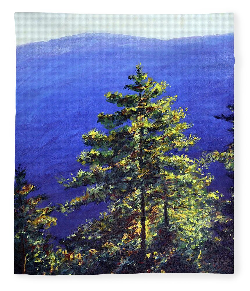 Pine Trees Fleece Blanket featuring the painting Bhutan series - Pine trees and blue mountains by Uma Krishnamoorthy