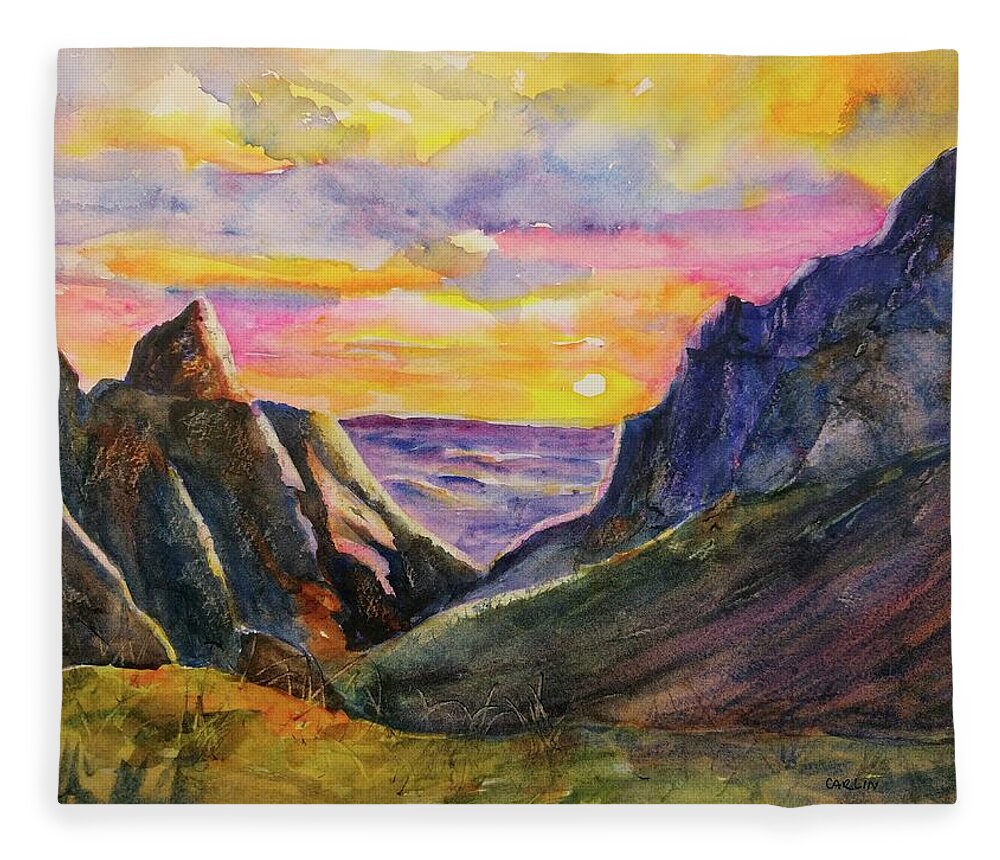Big Bend Fleece Blanket featuring the painting Big Bend Texas Window Trail Sunset by Carlin Blahnik CarlinArtWatercolor