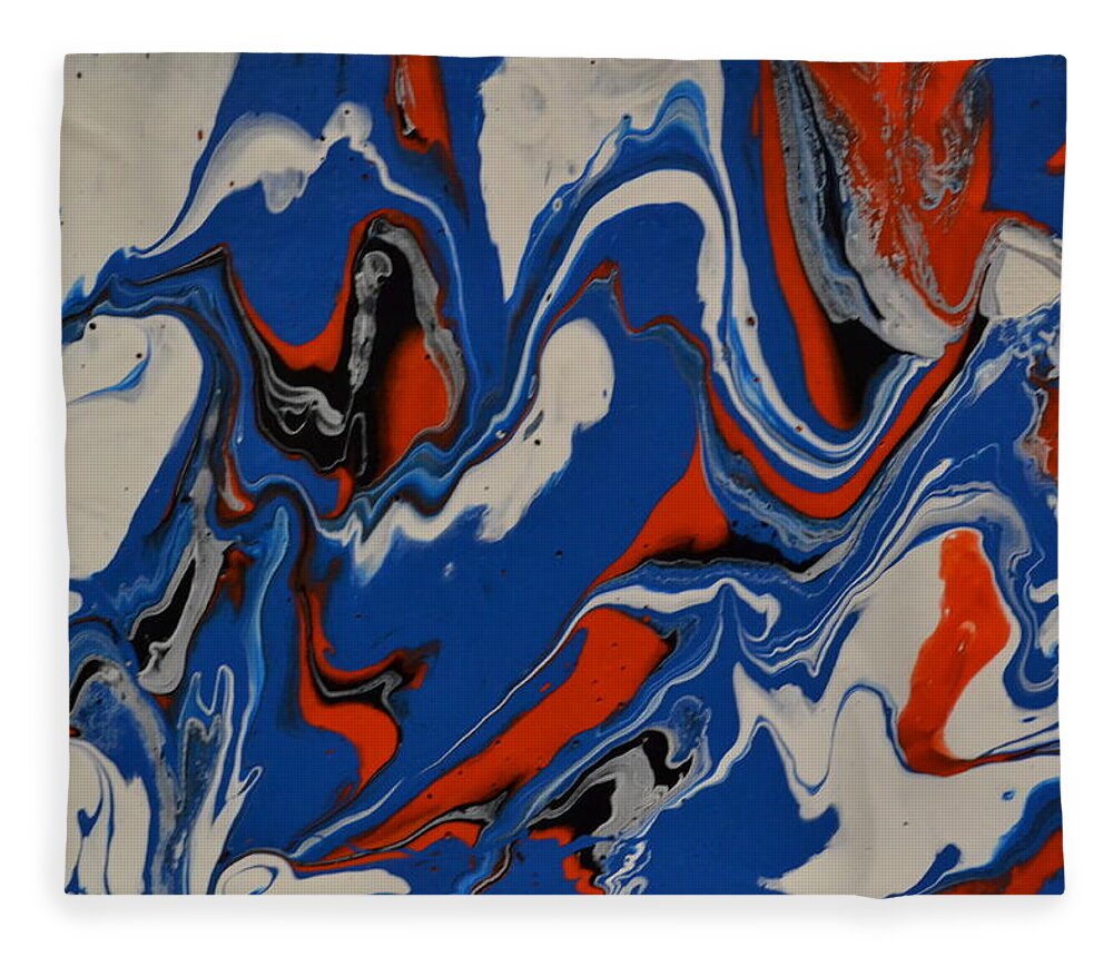 A Abstract Painting Of Large Blue Waves With White Tips. The Waves Are Picking Up Red And Black Sand From The Beach. Some Of The Blue Waves Are Curling Over. Fleece Blanket featuring the painting Big Blue Waves by Martin Schmidt